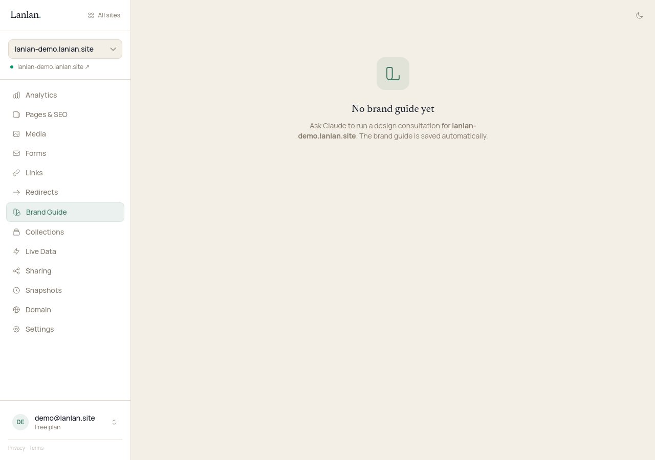 The Brand Guide page in the dashboard for a demo bakery, currently empty with the prompt: 'No brand guide yet. Ask Claude to run a design consultation for lanlan-demo.lanlan.site. The brand guide is saved automatically.'