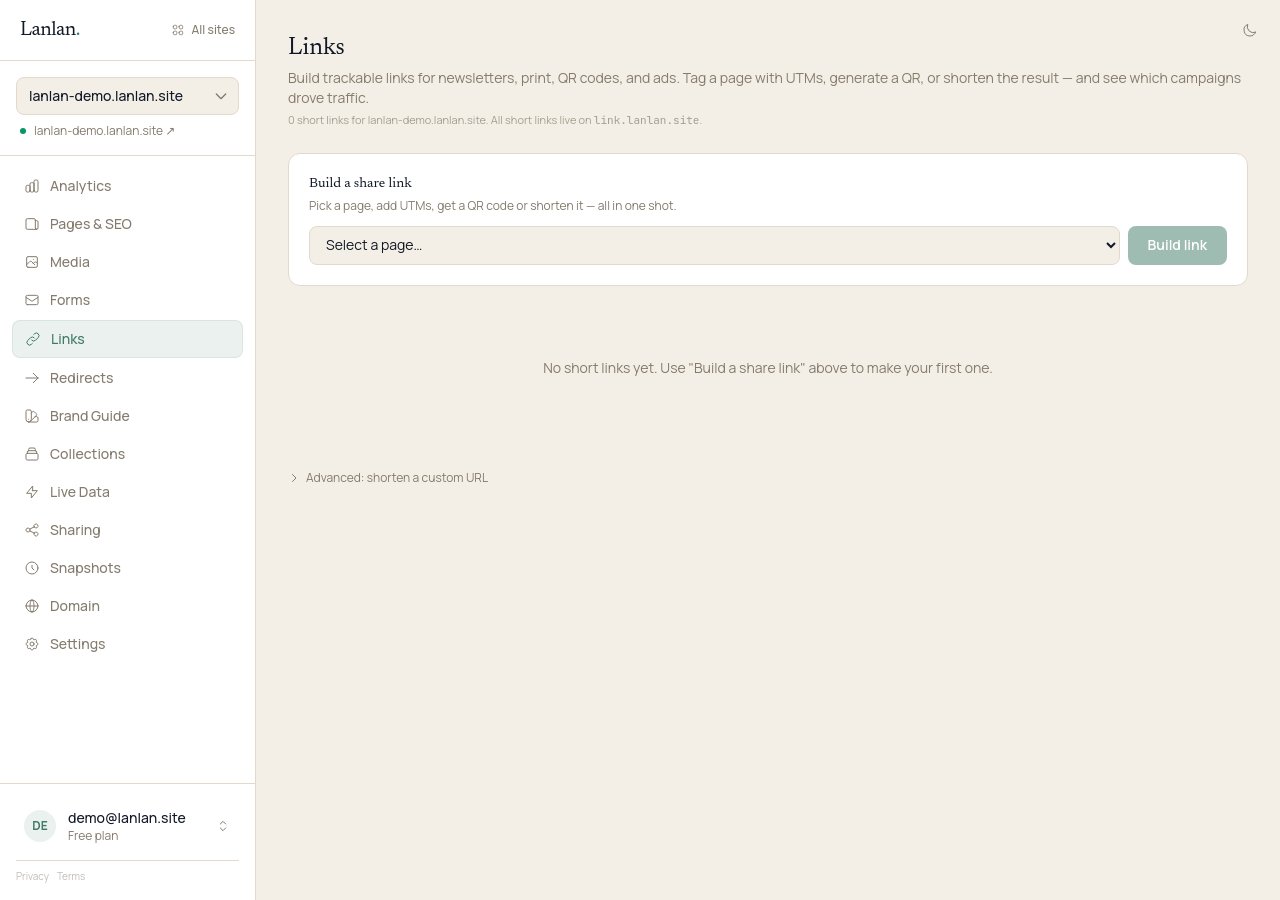 The Links page in the dashboard for a demo bakery, with a 'Build a share link' card containing a 'Select a page…' dropdown and Build link button. Empty state below: 'No short links yet.'
