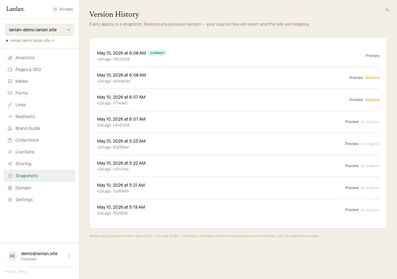 A demo bakery's version-history page in the dashboard, listing eight recent snapshots with their date, time, and short hash. The most recent is marked CURRENT; older ones each have Preview and Restore actions.