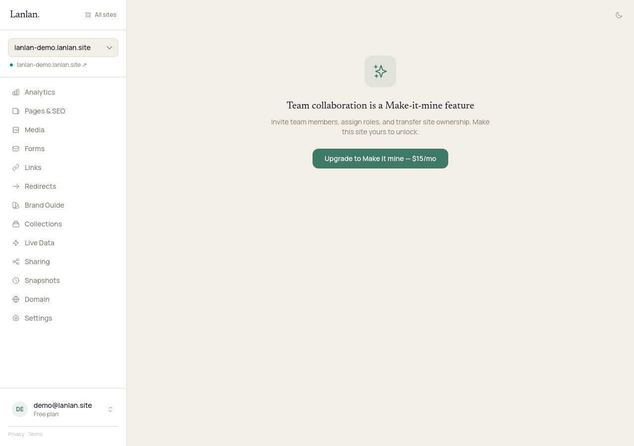 The Team page in the dashboard for a demo bakery, with an 'Invite a collaborator' email form (Send invite button), the site owner listed as demo@lanlan.site (OWNER badge), and a Transfer ownership section below.