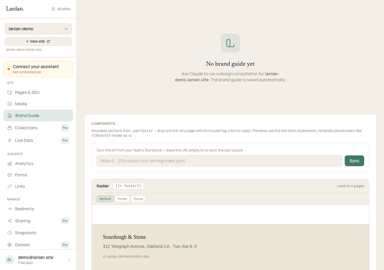 The Brand Guide page in the dashboard for a demo bakery, currently empty with the prompt: 'No brand guide yet. Ask Claude to run a design consultation for lanlan-demo.lanlan.site. The brand guide is saved automatically.'