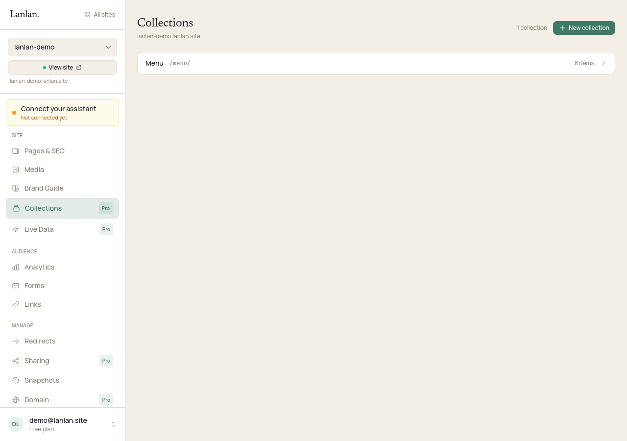 A demo bakery's Menu collection in the dashboard, showing eight items across Bread, Pastry, and Coffee categories with title, price, description, and order columns and Published / Edit / Unpublish / Delete actions per row.