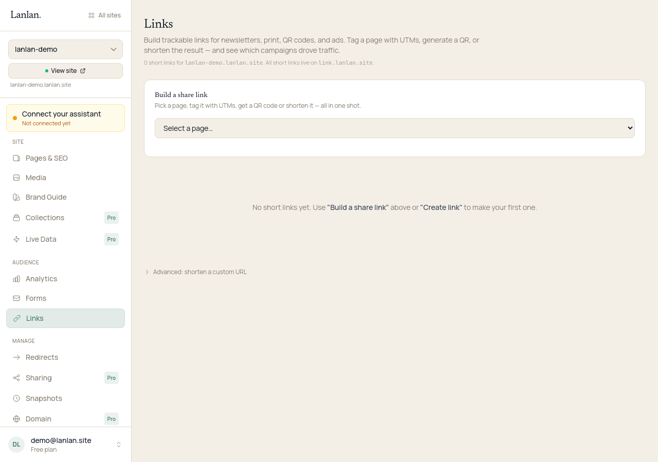 The Links page in the dashboard for a demo bakery, with a 'Build a share link' card containing a 'Select a page…' dropdown and Build link button. Empty state below: 'No short links yet.'