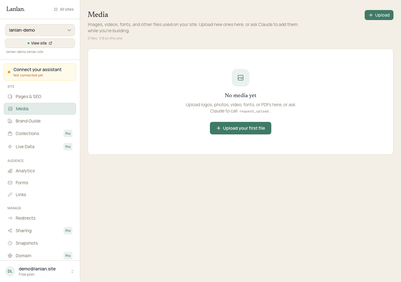 A demo bakery's empty Media library, with the prompt 'No media yet. Upload logos, photos, video, fonts, or PDFs', an Upload button, and a storage meter showing 610.9 KB / 50 GB used.
