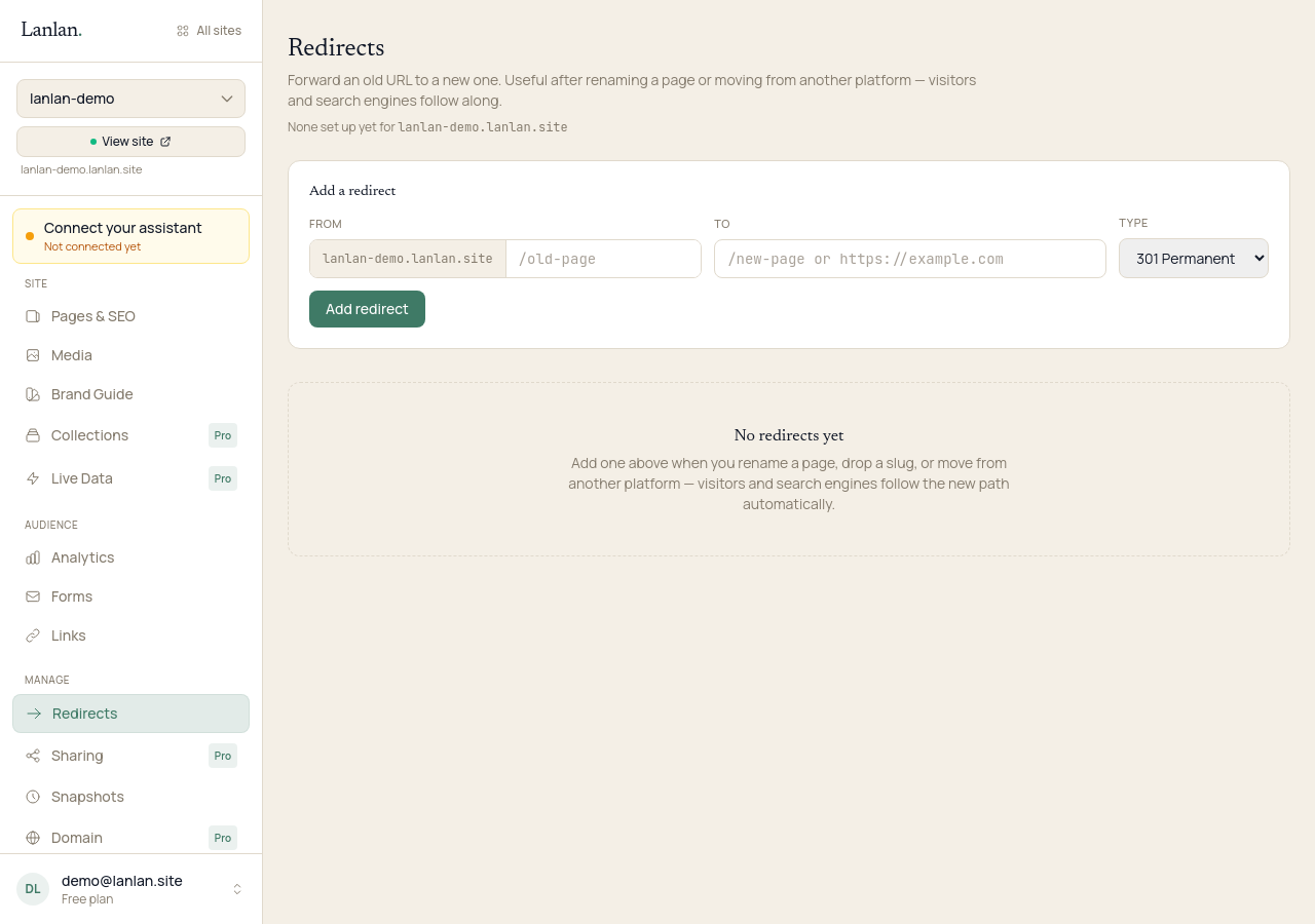 The Redirects page in the dashboard for a demo bakery, with an 'Add a redirect' form: From (lanlan-demo.lanlan.site/old-page), To (/new-page or https://example.com), Type (301 Permanent). Empty state below: 'No redirects yet.'