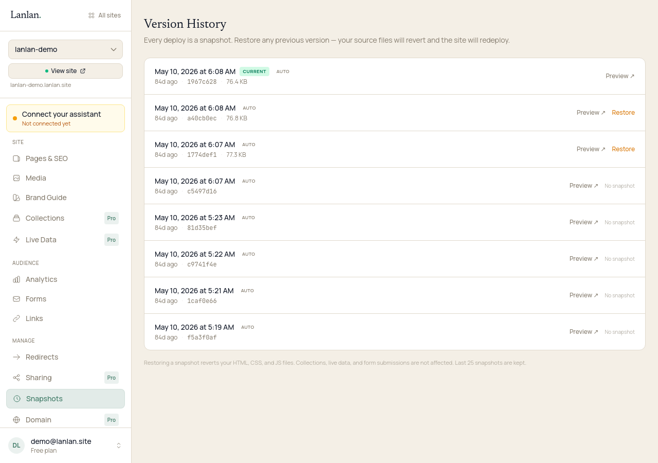 A demo bakery's version-history page in the dashboard, listing eight recent snapshots with their date, time, and short hash. The most recent is marked CURRENT; older ones each have Preview and Restore actions.