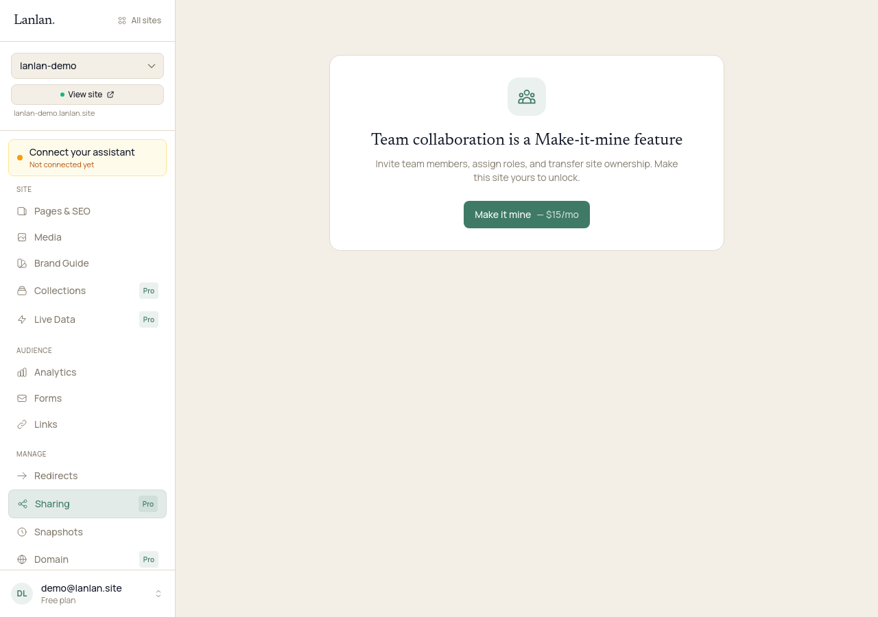 The Team page in the dashboard for a demo bakery, with an 'Invite a collaborator' email form (Send invite button), the site owner listed as demo@lanlan.site (OWNER badge), and a Transfer ownership section below.